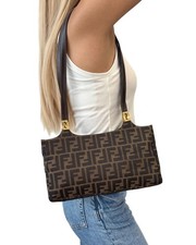 FENDI Vintage FF Zucca Monogram Canvas Shoulder Bag Brown Gold Leather 902063 picture