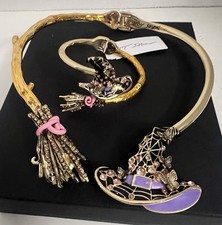 Betsey Johnson Set of Necklace & Bangle Halloween Witch Hat & Broom Crystal NWT picture