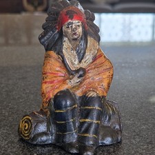 Vintage Antique Cast Iron Native American Indian Chief On Log Still Bank 3.5