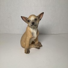 Realistic Sitting Chihuahua Puppy Figurine Tan White Resin Dog Statue 5 Inch picture