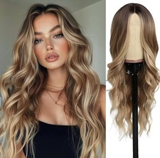 HD Lace Front Wig Human Hair Blend Highlights  Wavy Brown X Blonde Balayage picture