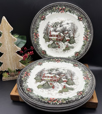 Royal Stafford CHRISTMAS VILLAGE Dinner Plates Winter Snow Trees (Set of 4) NEW picture