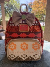 NWT Disney Loungefly HT Moana Mini Backpack Red/Beige/Orange Sequin Design. picture