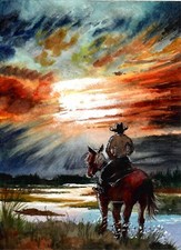 Riding Into The Sunset,  Sunset Art Print, (Signed Matted Watercolor Art Print) picture