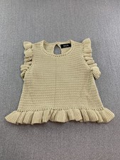fab'rik Ruffle Tight Knit Cropped Sweater Top Womens M Beige Cottage Core Boho picture