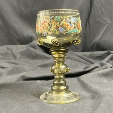 Green Glass Goblet Hand-Painted Floral Design w/ Gold Trim 7in H 3.5in Dia vtng  picture
