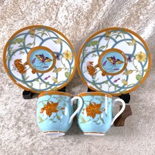 Vintage Hermes Paris Demitasse Cup & Saucer Siesta Island Blue Porcelain 2 Sets picture