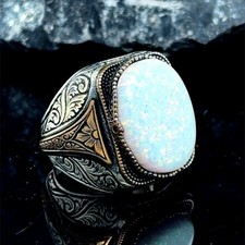 925 Silver Handmade Mens Silver Opal Ring, White Fire Opal Stone Ring picture