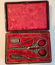 Vintage Original Sewing Kit in Case w/ Scissors, Thimble & Bodkin picture