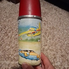 Vintage Hometown Airport ￼Home Town 1960 Airplane Dome Lunchbox Thermos￼￼ Metal picture