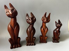 Vtg Mid Century Modern Hand Carved Wooden Cat Family Statues - Set of 4 MCM picture