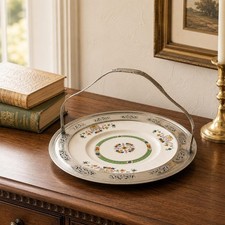 Vintage Hall China Lustreware Cake Plate, Chrome Forman Bros Handle Tray picture