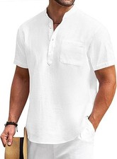 COOFANDY Men's Cotton Linen Henley Shirt Short Sleeve Hippie Casual Beach L picture