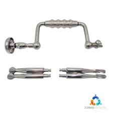 Hudson Brace Hand Drill Orthopedic w/ 2 Conical & 2 Round Hudson Burs Set 9-1/4