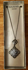 GUESS Silver Tone Logo Pendant Necklace Clear Crystal Adjustable 15.5