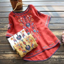 Women’s Embroidered Flowers Cotton Linen Blouse – Casual Summer Boho Top Hot picture