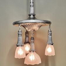 MONUMENTAL 1910s SILVER, ORNATE Pan Chandelier with Art Glass Shades - Restored picture