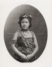 Samoan Woman Traditional Dress Lei Headdress Studio Portrait Vtg. Photo 19thC. picture
