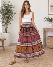 Boho Maxi Skirt Medium 100% Rayon Made in India Folk Print picture