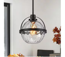 GoYeel 1-Light Matte Black Farmhouse Clear Hammered Glass Hanging Pendant Light picture