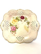 Bavaria Tirschenreuth Reticulated Platter Cake Plate Roses Hand Painted Signed picture