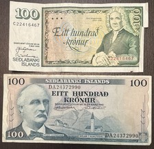 1961 1986 100 Kronur Iceland 2 Banknotes picture