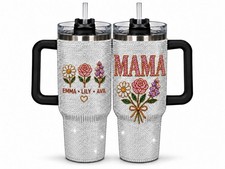 Personalized Mama Birth Flower Tumbler, Custom Kids Names 40oz Rhinestone Cup picture