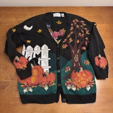 VINTAGE Northern Isles Sweater Large Knit Cardigan Pumpkin Scarecrow Cat Fall picture
