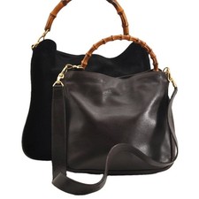 Auth GUCCI Bamboo 2Way Shoulder Hand Bag Suede Leather Black Brown 2Set AC956 picture