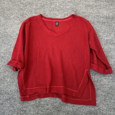 Lildy Womens Waffle Knit Tunic L-XL Red 3/4 Rolled Sleeve Side Slit Relaxed picture