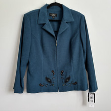 Studio I Petite Teal/Black Embroidered Beaded Full Zip Short Jacket Pockets 16P picture