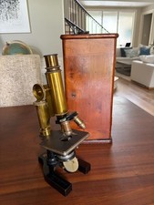 Bausch & Lomb Brass Microscope Rochester NY w/ Cabinet & Optics antique picture