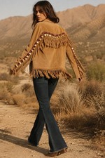 VTG Marlboro Country Store Women Suede Fringe Western Jacket Custom Coin Trim S picture