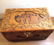 Vintage Carved Camphor Wood Jewelry Box Asian Chinoiserie Brass Latch picture