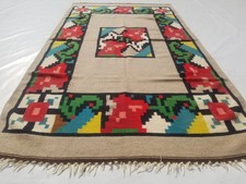 Vintage Traditional Handmade Mexican Wool Beige Kilim 6.9x3.10ft picture