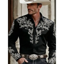 Men's Western Cowboy Shirt Long Sleeve Retro Printing Casual Buttons Down Shirt picture