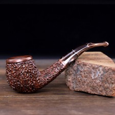 MUXIANG Rusticated Briar Tobacco Pipe 9mm Filter Carved Pipe Bent Taper Stem picture