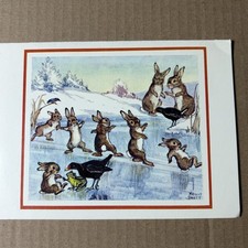 Vintage Molly Brett Christmas Card Ice Skating Rabbits Frogs Woodland Creatures  picture