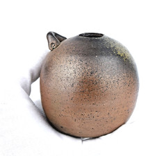 Small Japanese Bizen Ware Hanging flower Vase Round Flattened Back picture