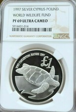 1997 CYPRUS SILVER 1 POUND GREEN SEA TURTLE NGC PF 69 ULTRA CAMEO RARE TOP POP 1 picture