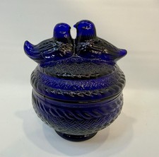 Vintage Cobalt Blue Glass Kissing Love Birds on Nest Lidded Candy Dish: 5” EUC picture