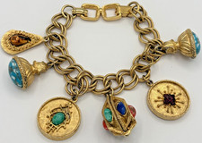 Vintage Etruscan Revival Costume Charm Bracelet Gold Tone Faux Turquoise picture