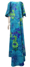 Vintage Draper's TWO POTATO Maxi Dress M/L Barkcloth Neon Turquoise Huge Flowers picture