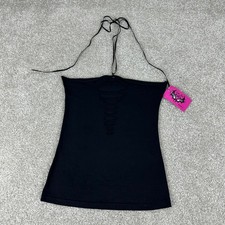 Demi Loon Womens Black Halter Top Gothic Laser Cut Shredded Ladder Neck Tie NEW picture