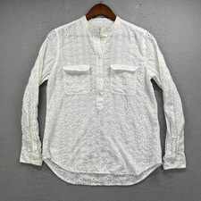 LOFT Popover Shirt Womens Medium White Floral Eyelet Henley Long Sleeve Blouse picture