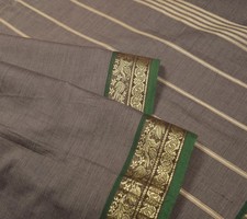 Sushila Vintage Taupe Chettinad Saree Pure Cotton Woven Brocade Sari Fabric picture