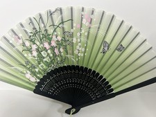 Vintage Japanese Silk Folding Hand Fan Sheer Sage Green Pink Floral Butterfly picture