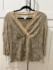 Vintage Selene Lace Blouse Top Beige Gold V Neck Romantic Cottagecore Y2K picture