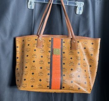 MCM Brown Logo Monogram Tote Bag w/ Coin Purse Gold Hardware Double Handles picture