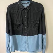 Zara Woman Premium Denim Collection Black and Blue Color-Blocked Western Shirt L picture